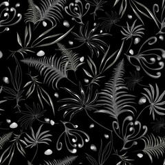 Graphic, Abstract seamless vector pattern with white and gray elements and contours of foliage on a black background. The leaves of ferns and other plants are arranged in random order. For the design