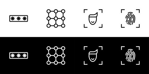 Security protection method icon set. Flat design icon collection isolated on black and white background. Pin or password, pattern, face recognition, and fingerprint scanner.