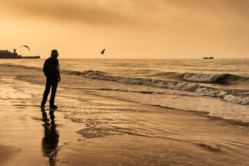 Fototapeta na wymiar Picture of a man from behind walking on Mandvi beach in Gujarat, India