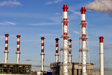 Pipes of a working gas power plant. Closeup equipment and infrastructure of a gas power plant....