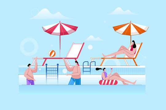 Group Of Friends Having Fun In Swimming Pool - Flat Vector Illustration