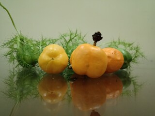 Yellow fruit and its green unripe fruit, relative of passion fruit