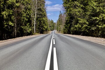 Straight empty asphalt road through the coniferous forest. Modern countryside road leading into the distance. Highway surface close up. Diminishing perspective road view. Traveling by car. Road trip.