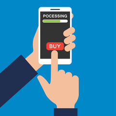 money transaction on mobile banking app,  hand holding mobile for on line business concept. vector illustration