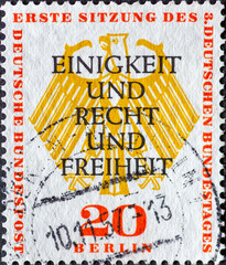 GERMANY, Berlin - CIRCA 1957: a postage stamp from Germany, Berlin showing the Federal eagle and inscription 