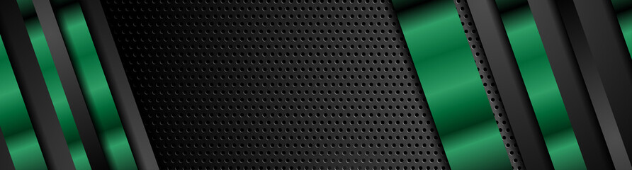 Black and green metal stripes on dark perforated background. Vector hi-tech geometric design