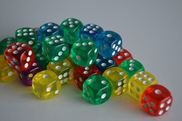 multiple green yellow purple blue red plastic arcylic d6 six sided die dice variable focus