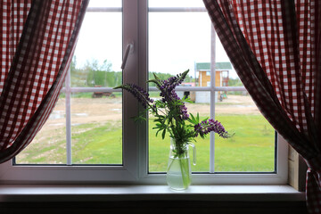 Carafe with wildflowers on window sill