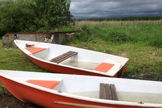 Empty boats on estuary of Lake Seliger