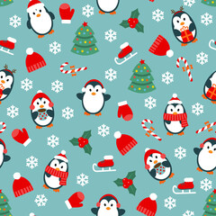 Christmas seamless pattern with cute handdrwn penguins, Christmas tree, skates and winter clothes. Vector illustration.