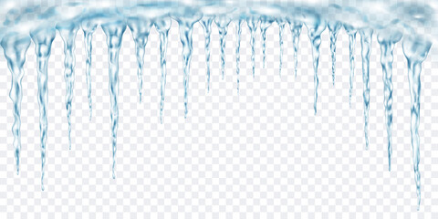 Group of translucent light blue realistic icicles of different lengths connected at the top. For use on light background. Transparency only in vector format - obrazy, fototapety, plakaty