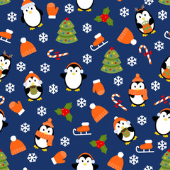 Christmas seamless pattern with cute handdrwn penguins, Christmas tree, skates and winter clothes. Vector illustration.