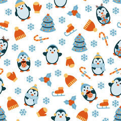 Christmas seamless pattern with cute handdrwn penguins, Christmas tree, skates and winter clothes. Vector illustration.