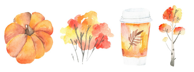 Hello Autumn. Watercolor background Hello Autumn. Watercolor element set collection - pumpkin, drink, takeaway, coffee, to go tree bush