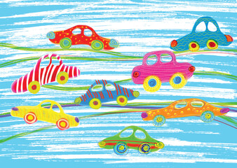 Colorful Childish Drawn Summer Cars