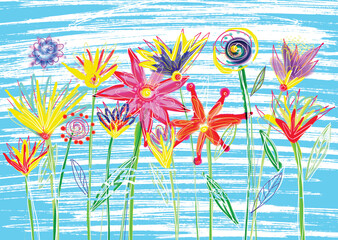 Colorful Childish Drawn Summer Flowers