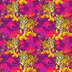Tiger walking on fire and cloud illustration Japanese or Chinese  oriental design for digital printing with purple pink tone seamless pattern vector background
