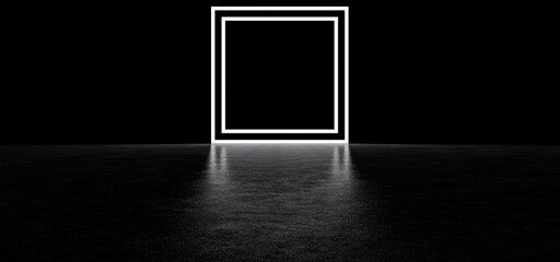 Glowing square frame in dark space. Glowing square portal. Glowing square. 3D Render