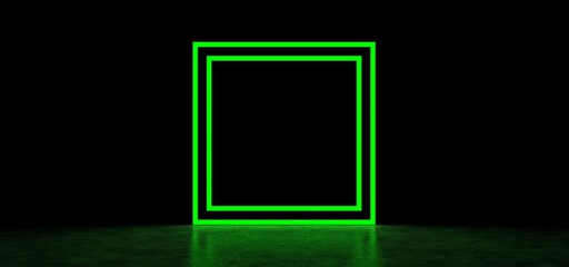 Glowing green square in a dark space. Luminous geometric figure. 3D Render