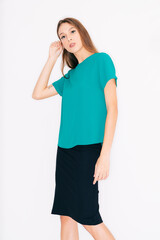 young woman in a dress, isolated on white.