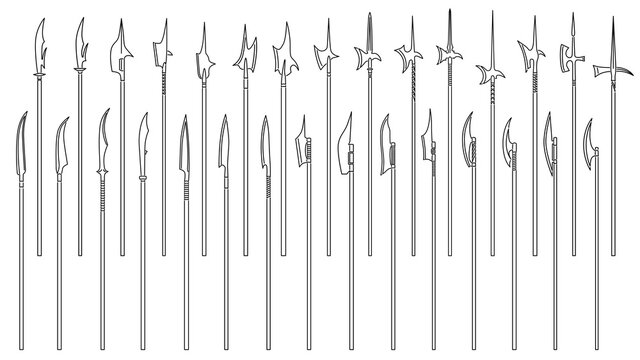 Set of simple vector images of medieval poleaxes and halberds drawn in art line style.