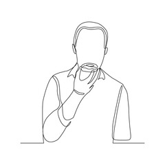 Continuous line drawing of man hold and eat sweet donut in closeup portrait. Vector illustration