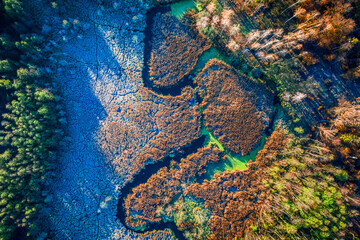 Frozen swamp in autumn, view from above