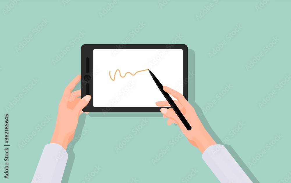Poster hands draw in graphics tablet. modern gadget for drawing and writing stylish black pen for sketching