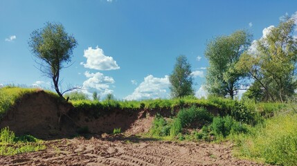 ravine with traces of tractor wheels on a background of trees and blue sky on a sunny day