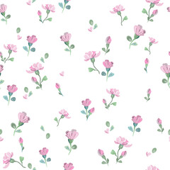 Delicate romantic pattern with little pink flowers and buds on a white background. Seamless vector with floral elements arranged randomly. For textile, wallpaper, tile