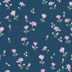Denim pattern with small pink flowers and buds on a blue background with texture. Seamless vector with cute floral elements arranged randomly. For textile, wallpaper, tile
