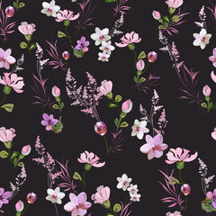 Bright floral pattern with small pink flowers of orchids, violets, roses and buds on a dark background. Seamless vector with various botanical elements arranged randomly. For textile, wallpaper, tile