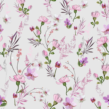 Cute floral pattern with small pink flowers of orchids, violets, roses and buds on a light background. Seamless vector with various botanical elements arranged randomly. For textile, wallpaper, tile