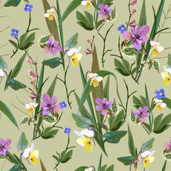 Bright floral abstract seamless vector isolated pattern. Trendy art style on a green background. Spring, summer field plants for the design of backgrounds, textiles, wallpaper, postcards, ceramics