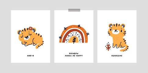 Naklejka premium Childish cards or poster with cute baby tiger, rainbow, little animals. Nursery prints with doodle hand drawn illustration isolated on white. Ideal for kids room decoration, clothing, prints, card