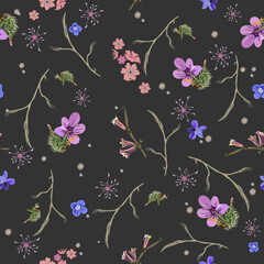 Floral abstract seamless vector isolated pattern. Trendy art style on a black background. Spring, summer field plants for the design of backgrounds, textiles, wallpaper, postcards, ceramics
