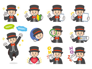 タキシードを着た新郎　結婚　バリエーション　初心者マーク　スマートフォン　タブレット　虫眼鏡　クレジットカード　ハート　OK　NO