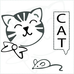 hand-drawn cute cat with a mouse, monochrome vector drawing