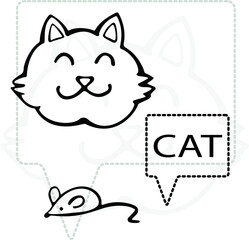hand-drawn cute cat with a mouse, monochrome vector drawing