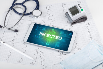 Tablet pc and doctor tools with INFECTED inscription, coronavirus concept