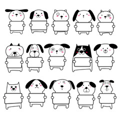 Set of cute dog holding a billboard design. Vector illustration.