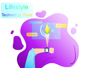 Smart watch check food. Cartoon illustration of a person wearing a smart watch with nutrient detection design, nutrient calorie measurement concept, protein etc.