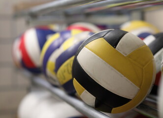 Baar / Switzerland - May 25 2019 - Collection of volleyballs in sport stadium