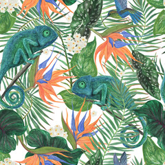 Obraz na płótnie Canvas Watercolor painting seamless pattern with chameleon and colibri birds, tropical flowers, leaves