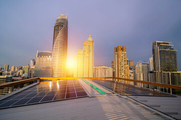 Fototapeta premium Investment concept. Renewable energy is a necessity of the future world.Solar Cell Future Energy.Big Solar Cell check with the engineer.Double Exposure Panorama.Big city needs electricity.