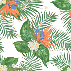 Watercolor painting seamless pattern with tropical exotic flowers
