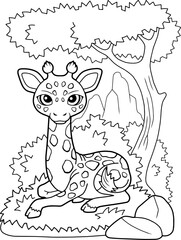 little cute giraffe lies on the grass, coloring book