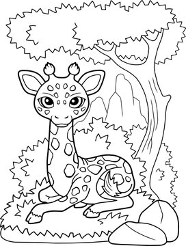 little cute giraffe lies on the grass, coloring book