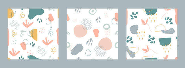 Fototapeta na wymiar Organic shapes seamless pattern set. Minimal stylish cover design collection. Unique hand drawn shapes texture in pastel colors. Memphis style background. Social media stories. Vector illustration