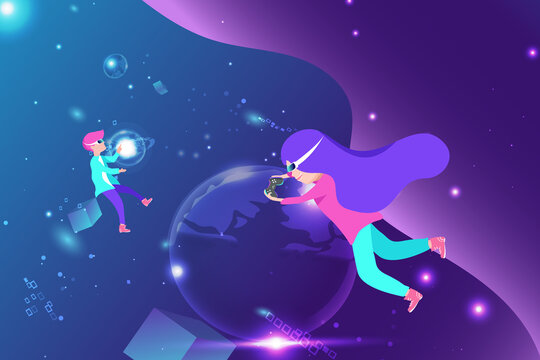 A boy and girl adventure in galaxy with VR headset video game, virtual reality space astronomy concept vector illustration